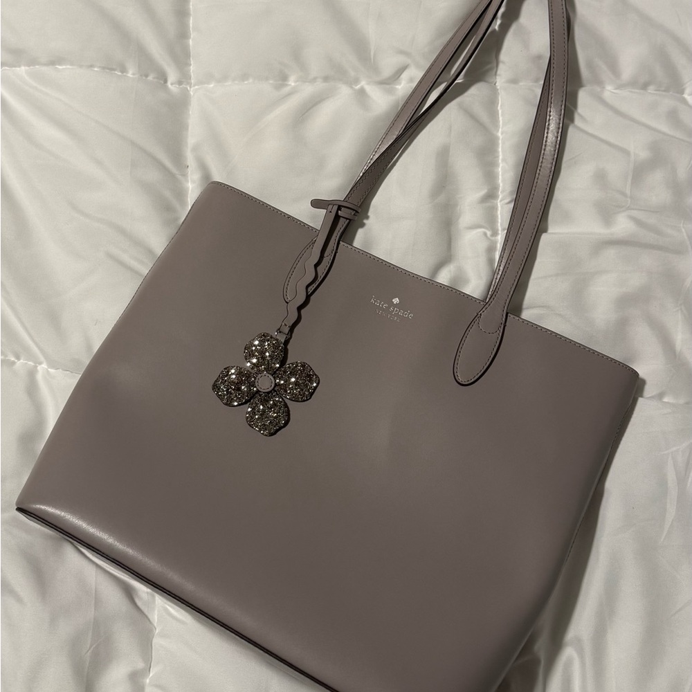 NWOT! Kate Spade New York Kerry Taupe Leather Tote with Glitter Floral Charm